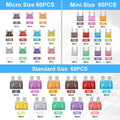 180Pcs Car Fuses Assorted Kit, 60 Mini Blade Car Fuse +60 Standard Fuse Automotive +60 Micro Fuse + Fuse Puller